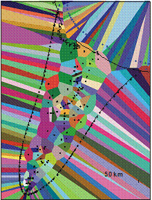 Map showing the Voronoi Tessellation applied to the tephra-fall deposit produced by the 17 June 1996 eruption of Ruapehu (New Zealand)