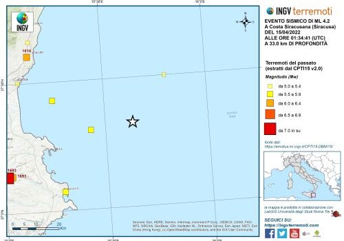 Evento sismico del 15 aprile 2022, Ml 4.2, al largo della costa siracusana